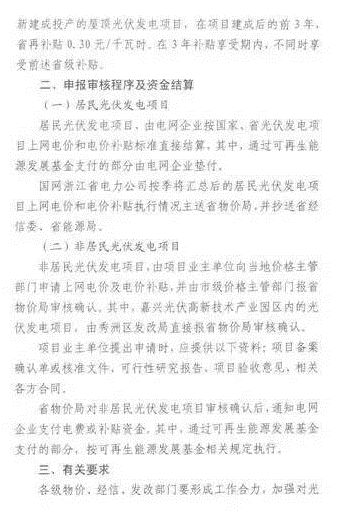 浙江省光伏補貼政策：省補再加0.1元/度！