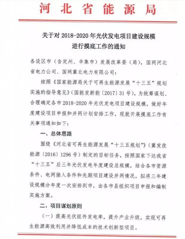 頭條！河北能源局發(fā)布《關(guān)于對2018-2020年光伏發(fā)電項(xiàng)目建設(shè)規(guī)模進(jìn)行摸底工作的通知》