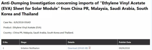 印度對進口中國、馬來西亞、沙特阿拉伯、韓國和泰國EVA材料發(fā)起反傾銷調(diào)查