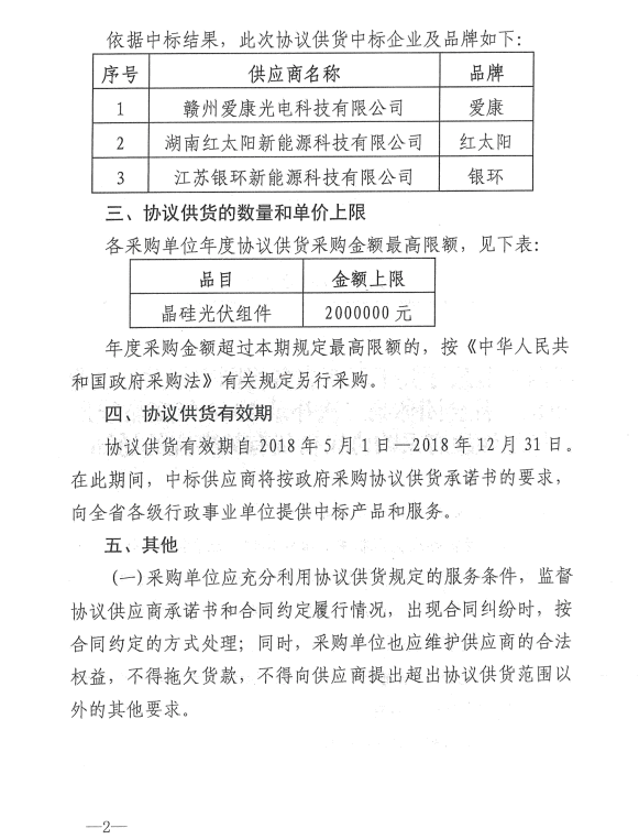 愛(ài)康、紅太陽(yáng)、銀環(huán)中標(biāo)江西第二次補(bǔ)錄2018晶硅組件協(xié)議供貨