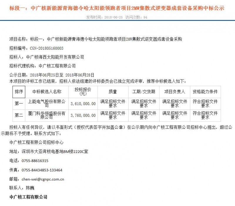 0.18元/瓦 德令哈光伏領(lǐng)跑基地集散式逆變器最新中標價公示